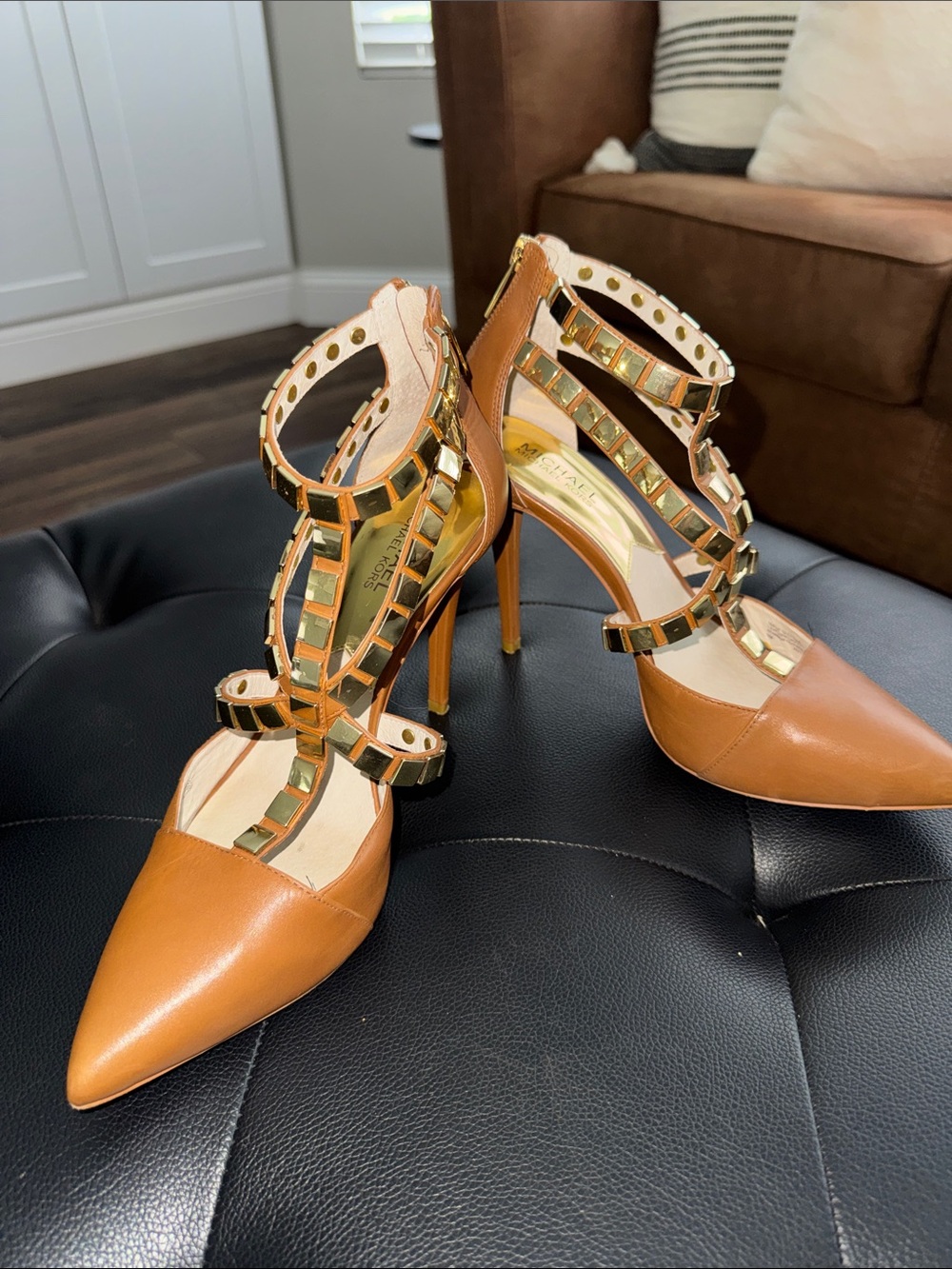 Michael Kors Cognac Leather Pointed-Toe Studded Strappy Heels